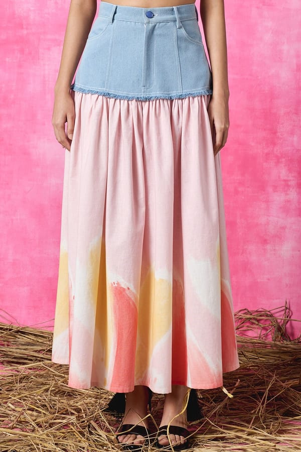Pink Printed High-Waist Linen Midi Skirt — Pocketful Of Cherrie