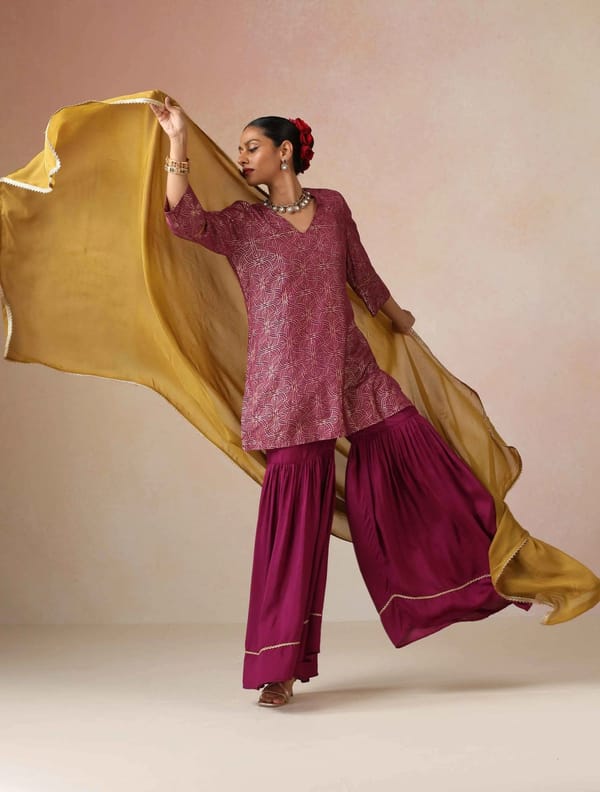 Magenta Gold Foil Print Muslin Silk Sharara Set — Truebrowns