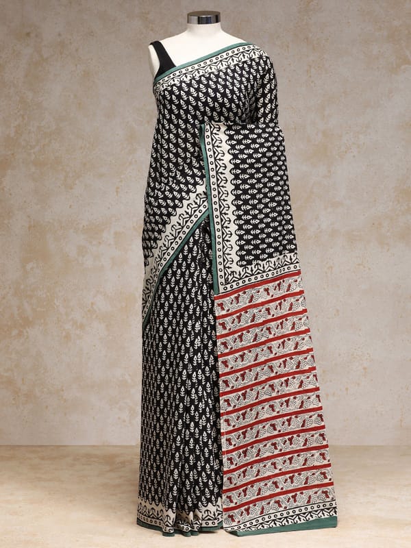 Black Floral Motif Handblock Printed Mulmul Saree — BINKS