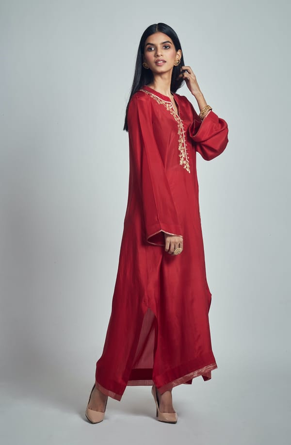Red Habutai Silk Choga Kurta with Gota Patti Embroidery — Sheetal Batra
