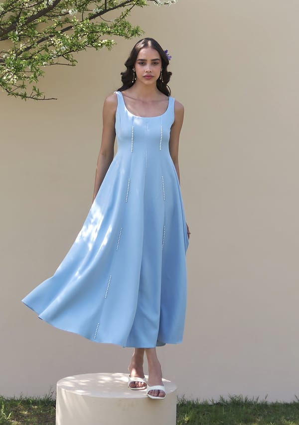 Powder Blue Fit and Flare Midi Dress with Pearl Detail — AMOSHI