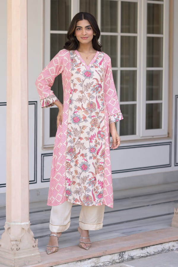 Pink Bandhini With Floral Jaal Print Muslin Kurta Set-SET OF-2 — MAHEE JAIPUR