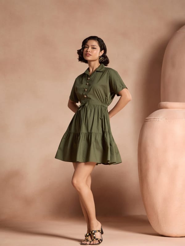 Olive Green Tiered Shirt Dress with Waist Tie — Style Island