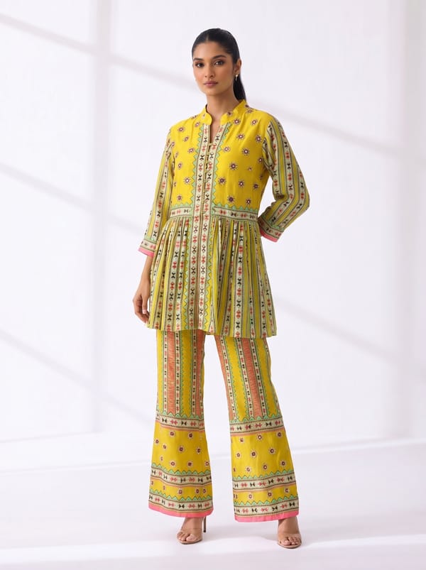 Yellow Printed A-Line Kurta Set with Wide-Leg Pants — SOUP by Sougat Paul