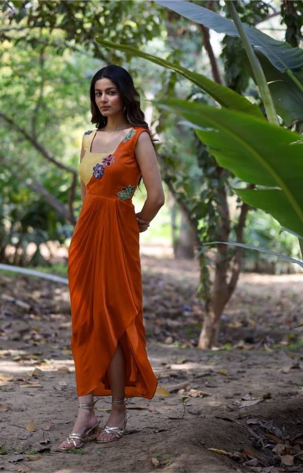 Orange & Yellow Draped Dress — EWOKE STUDIO