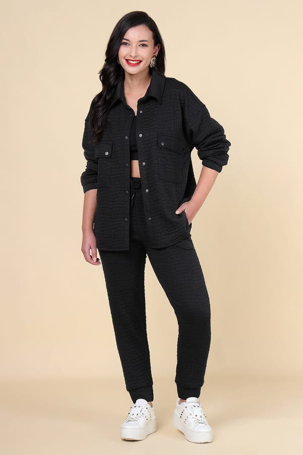 Black Quilted Shirt Jacket and Tapered Pants Co-ord Set — AYRISS