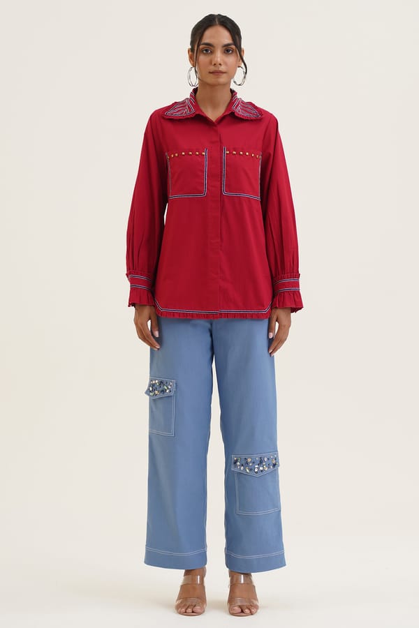 Maroon Longline Cotton Shirt with Embroidered Collar — STITCH STORIES