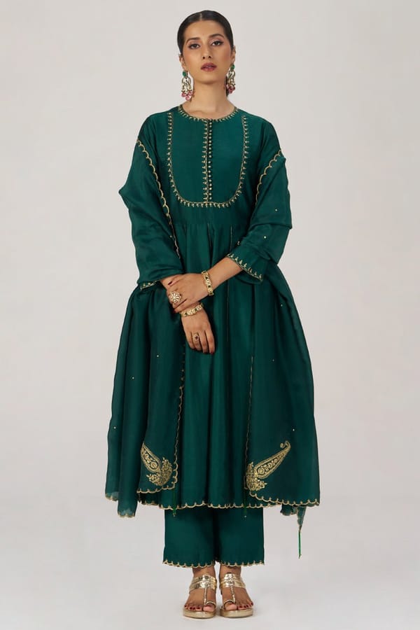 Emerald Green Raw Silk Festive Kurta Set — Ganga Fashions Pvt Ltd