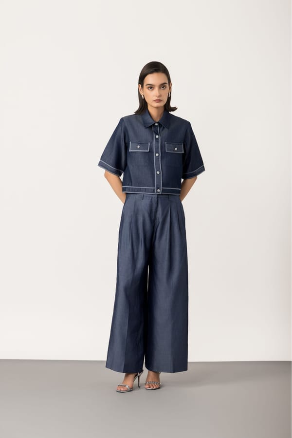Denim Blue High-Rise Wide-Leg Trousers — Studio MuGu