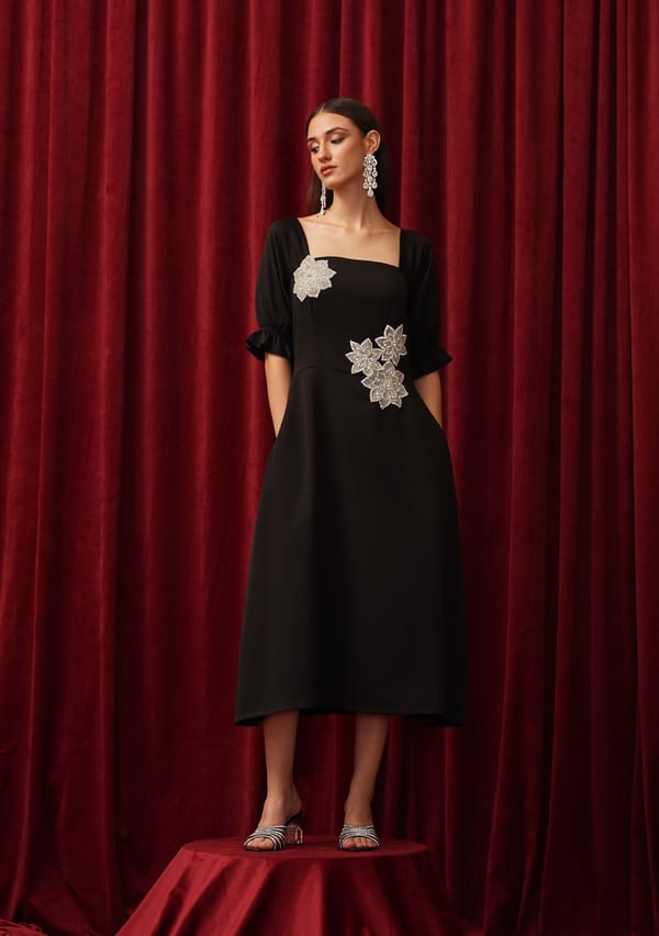 Black A-Line Midi Dress with Floral Applique — AMOSHI