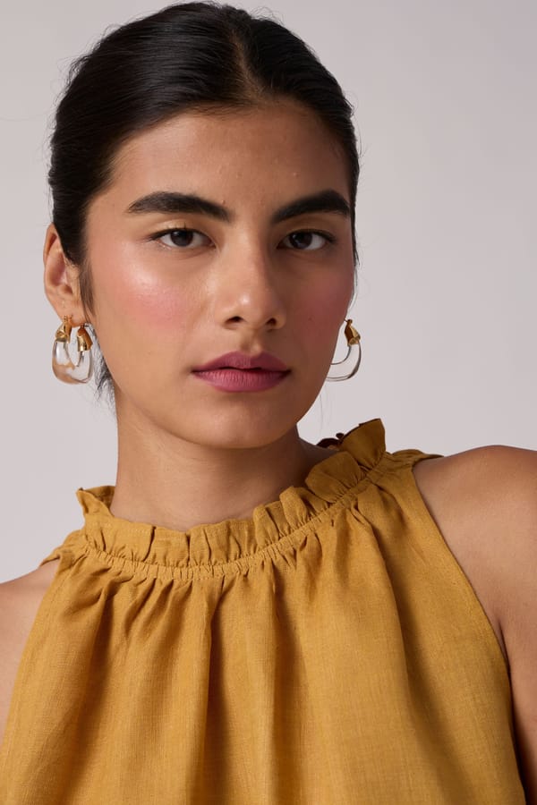Mustard Linen Halter Neck Swing Top with Ruffle Trim — The Summer House