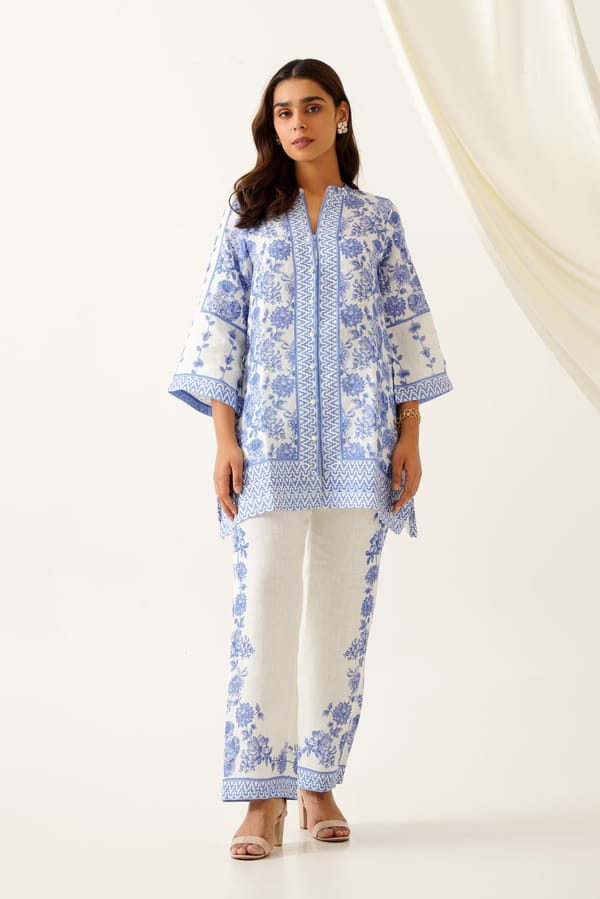 Blue and Cream Floral Printed Linen Co-ord Set — INCHING INDIA