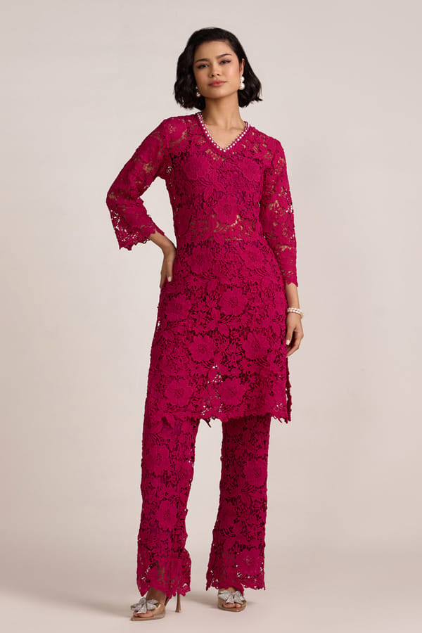 Hot Pink Lace Straight Kurta with Pearl Trim — AVERIE