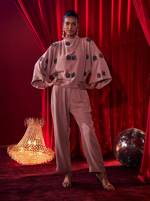 Blush Pink Embroidered Boxy Top and Pants Co-ord Set — HOUSE OF FETT