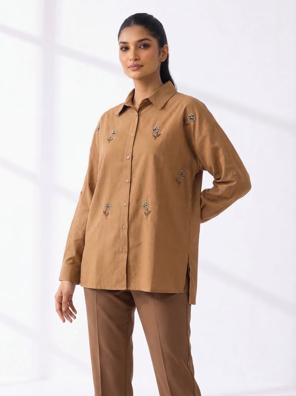 Brown Tonal-Embellished Button-Down Shirt — BURRASCA