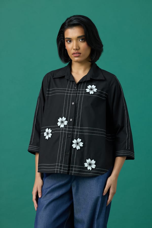 Charcoal Cotton Poplin Appliqué Shirt with 3/4 Sleeves — 63East