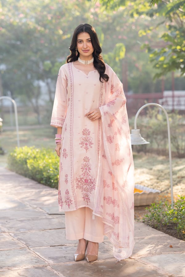 Blush Pink Block Print Chanderi Suit Set-SET OF-3 — MAHEE JAIPUR