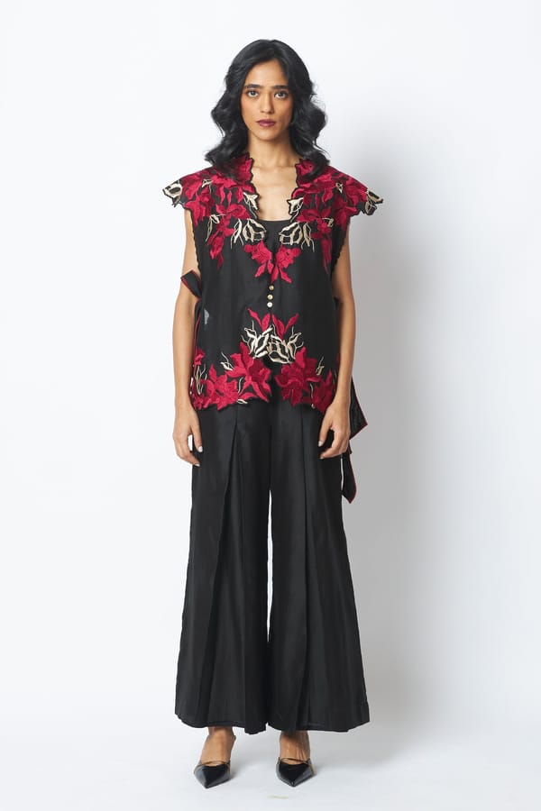 Black Embroidered Cape and Wide-Leg Pants Co-ord Set — Madder Much