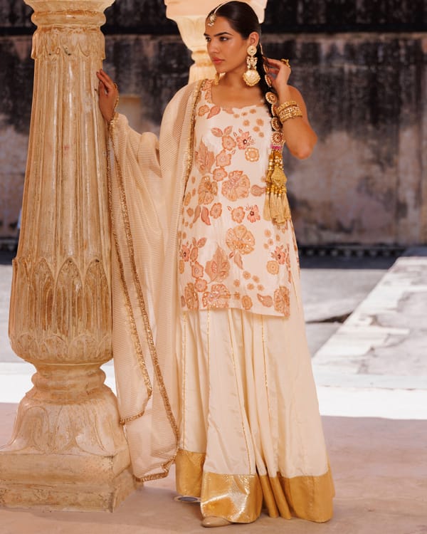 Ivory Printed Crepe Embroidered Skirt Set — Bannhi by Priyanka Rathore