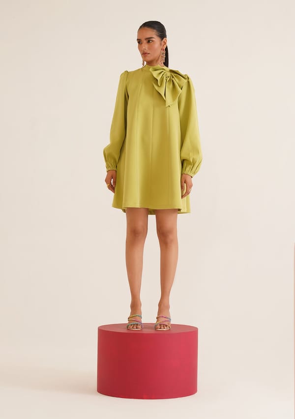 Cyber Green High Neck Bow A-Line Mini Dress — AMOSHI