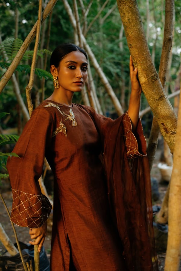 Brown A-Line Embroidered Kurta Set with Dupatta — SHRISTICHETANI