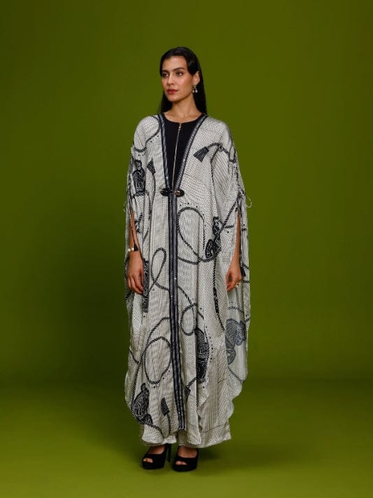 Ivory Abstract Print Kaftan and Wide-Leg Pant Co-ord Set — Kamaali Pret