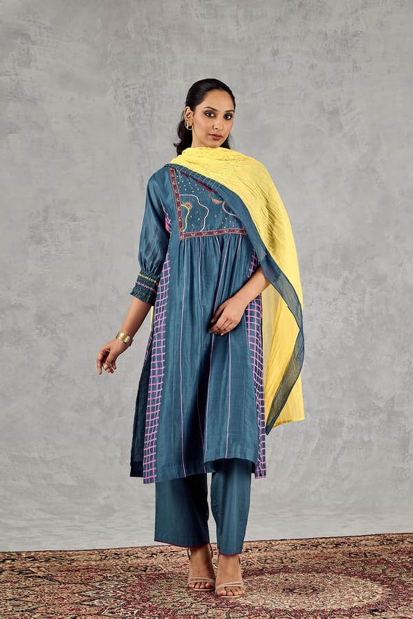 Blue Long Abstract Yoke Kurta Set With Dupatta — SHIVANI BHARGAVA