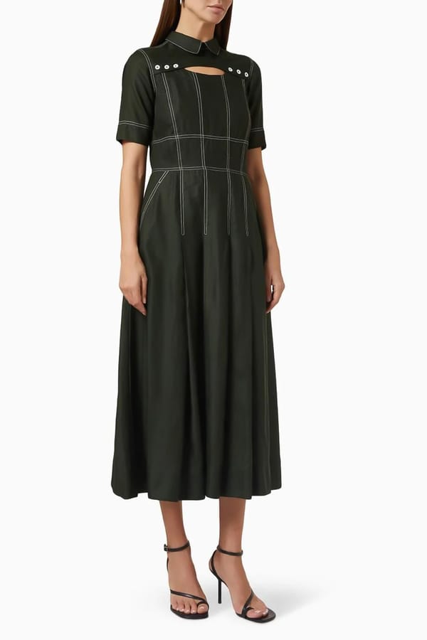 Green Collared Fit and Flare Midi Dress with Yoke Cut-Out — NOTEBOOK