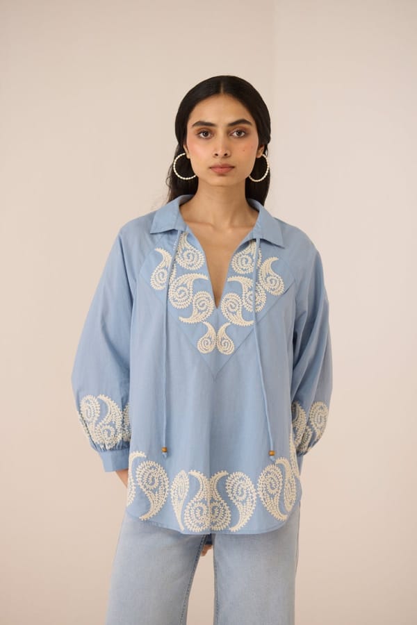 Dusty Blue Cotton Embroidered Oversized Blouse — Calling June