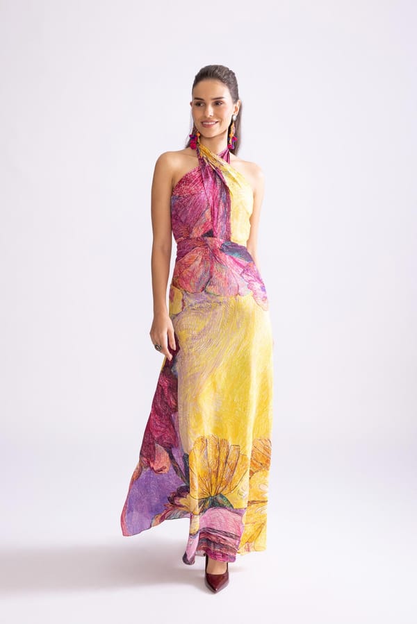 Yellow/Purple Daisy Print Halter-Neck Maxi Dress — Saaksha and Kinni