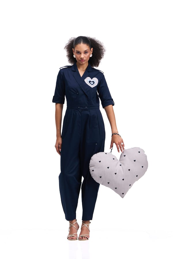Navy Cotton Satin Tailored Jumpsuit with Heart Applique — Our Love