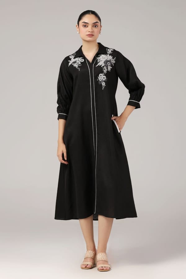 Black Embroidered Cotton Midi Dress — Truly SMA
