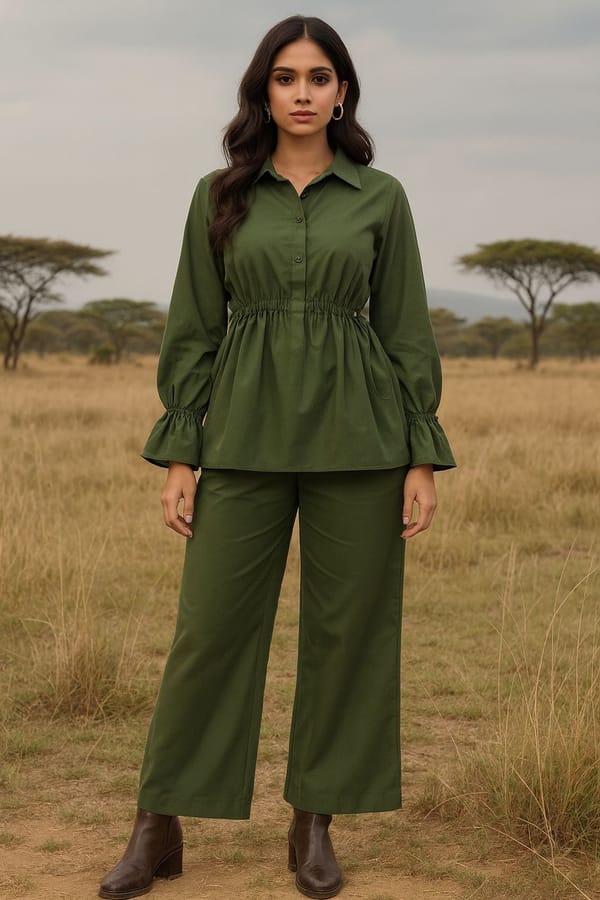 Olive Green Poplin Co-ord Set with Collared Top and Pants — Younglings