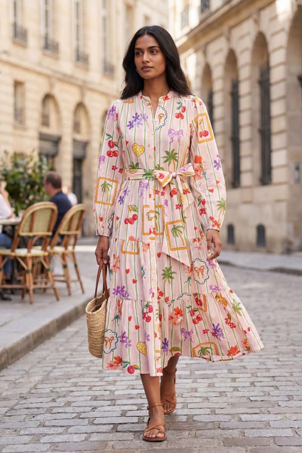 Multicolor Printed Cotton Poplin Tiered Midi Shirt Dress — AVERIE