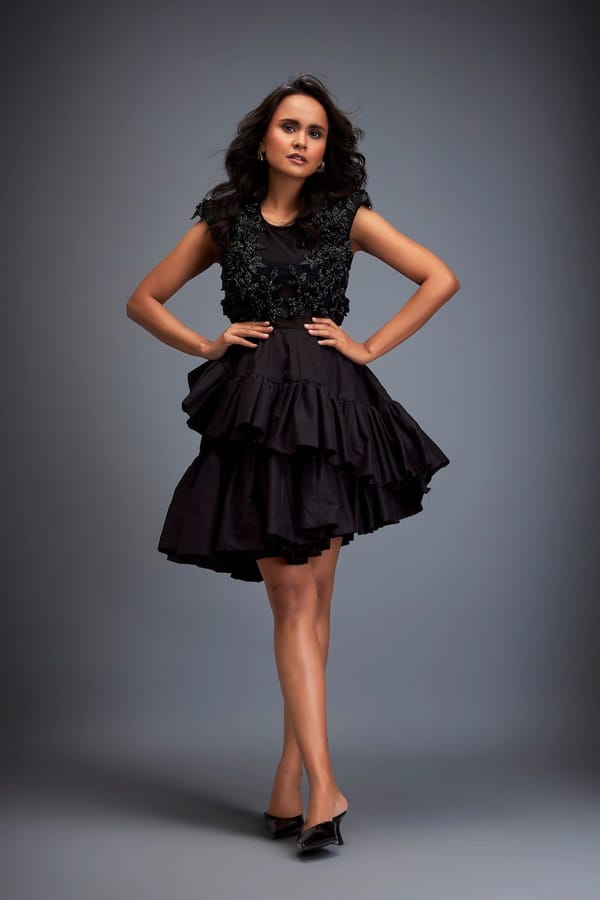 Sheer Floral Swarovski Top With Ruffle Mini Skirt — Deepika Arora