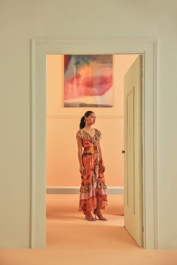 Purple and Orange Abstract Print Tiered Midi Dress — Sage by Mala