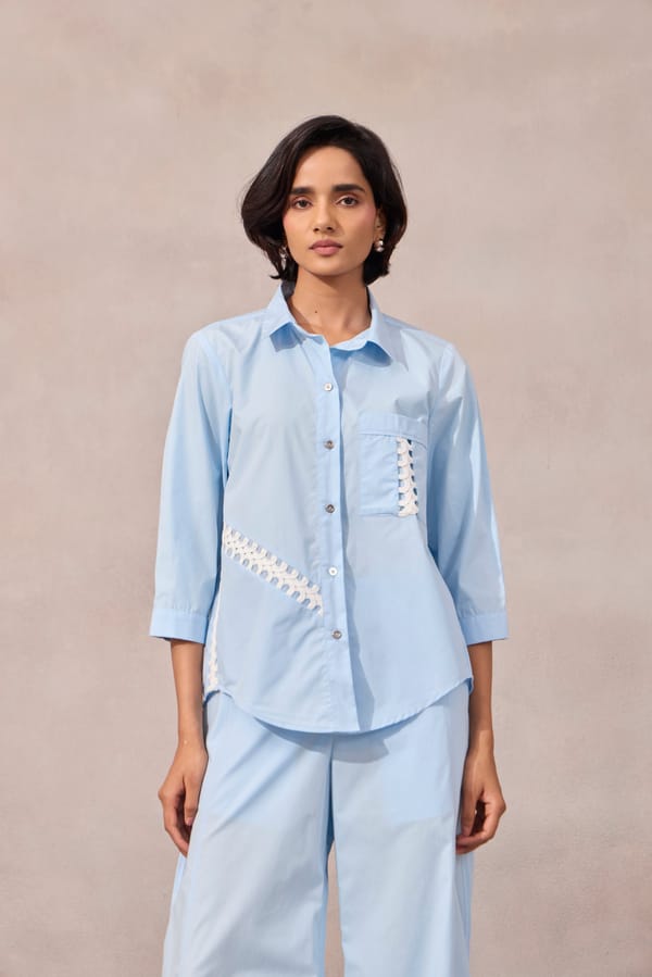 Frost Blue Cotton Poplin Shirt with Contrast Lace Inlay — 63East
