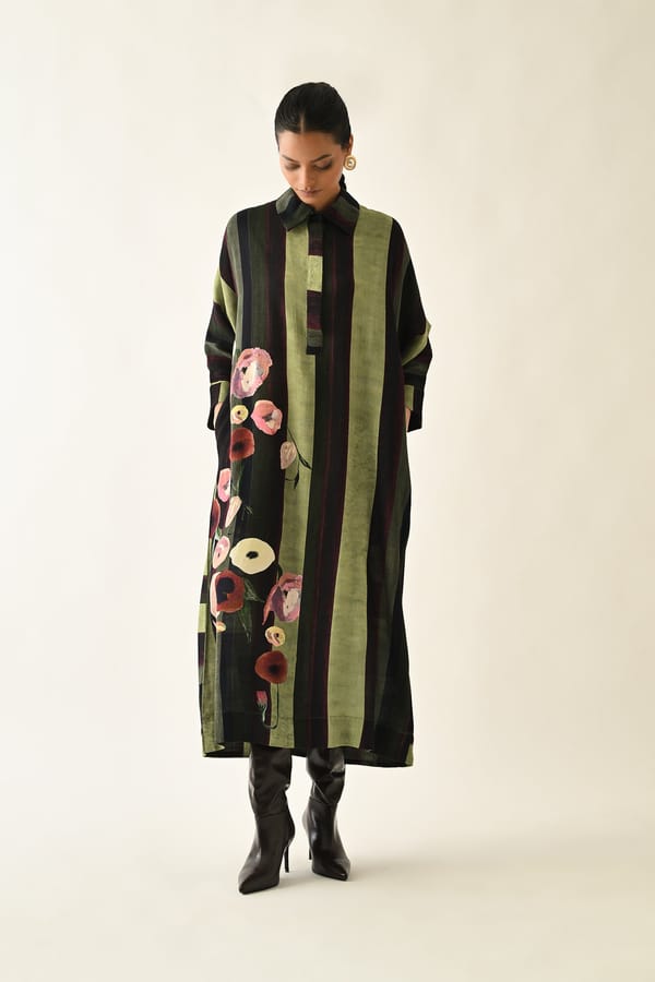 Green Striped Cotton Maxi Shirt Dress with Floral Print — Ofrida