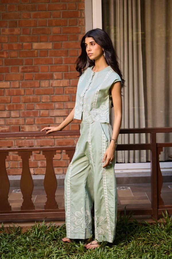 Sage Cotton Embroidered Tapered Trousers — Needle Ten