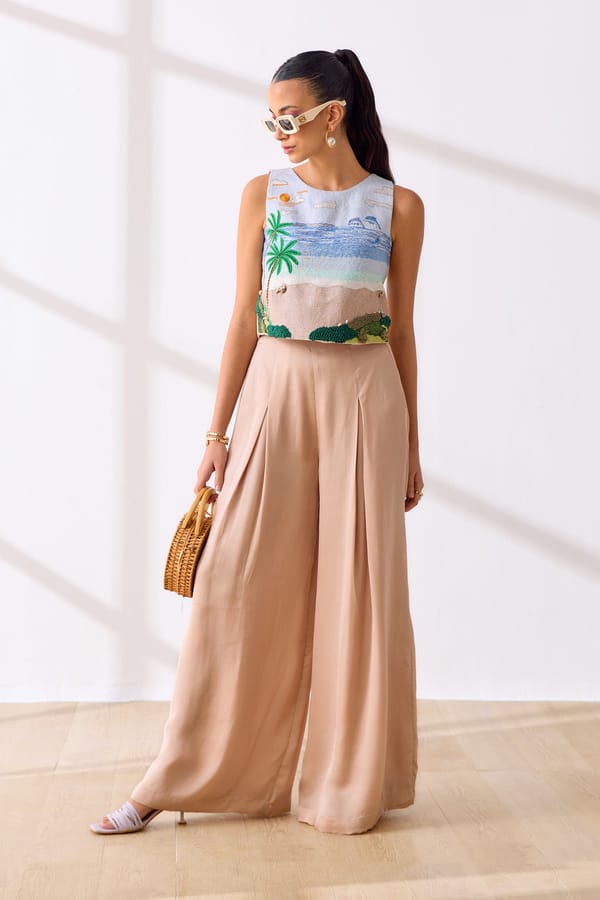 Ecru Embroidered Crop Top and Flared Pants Co-ord Set — Our Love
