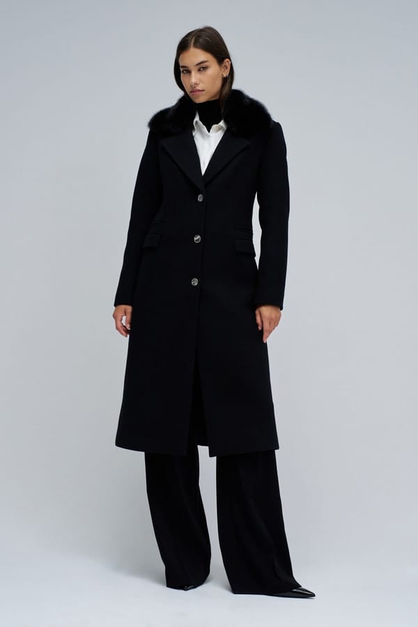 Black Tailored Longline Coat with Fur-Trim Collar — SALSA JEANS