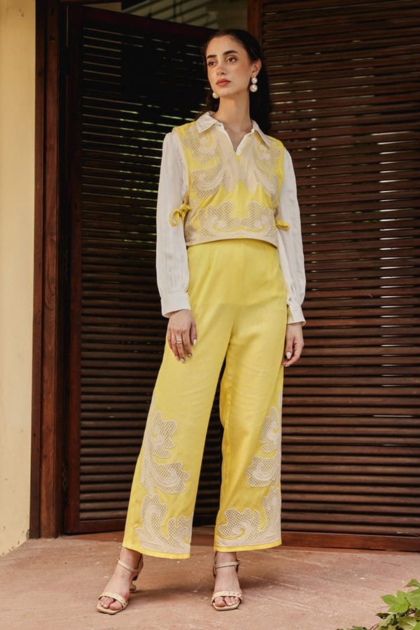 Sunshine Yellow Linen Cutwork Co-ord Set — BOHO-CHIC