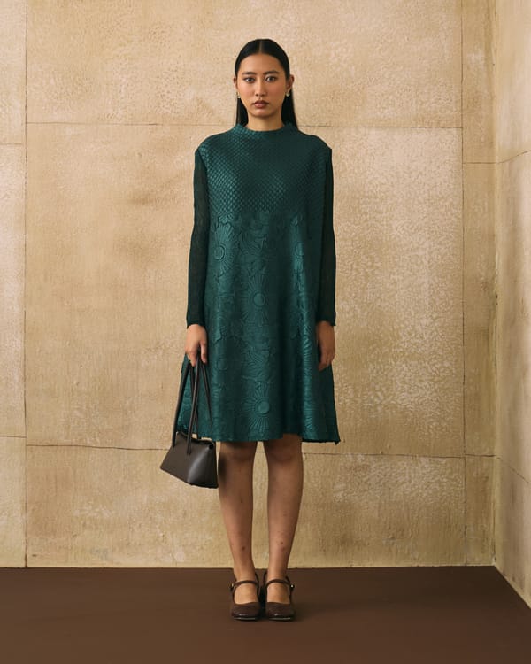 Bottle Green Textured A-Line Knee-Length Dress — Pleats by Aruni