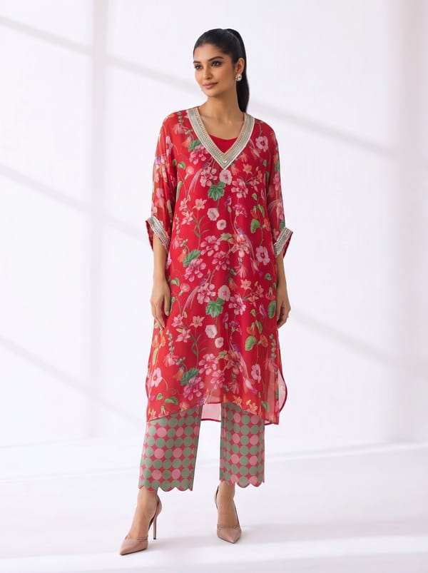 Red Bloosm Bird & Floral Kaftan With Abstract Print Pants — SURABHI ARYA