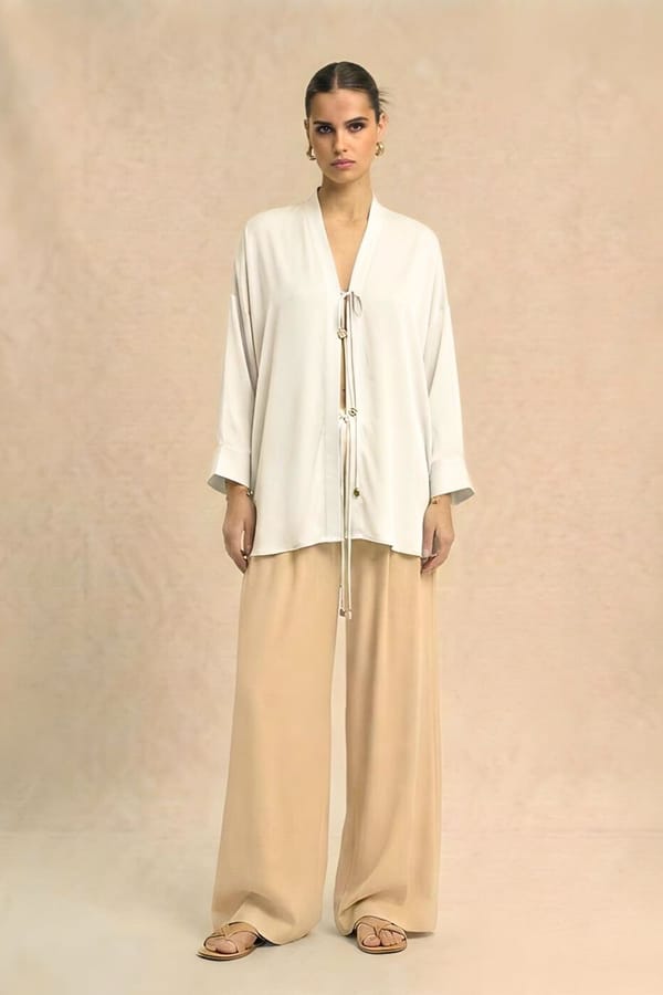 Ivory Bemberg Silk Wrap Blouse with Tie-Up Closure — Neora