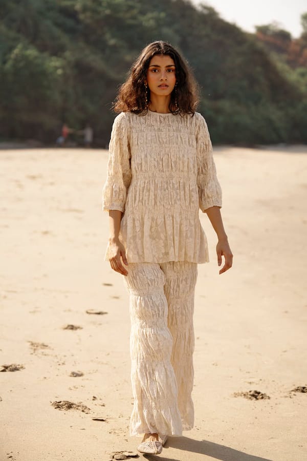 Natural Cotton Lace Smocked Flared Trousers — Dash and Dot
