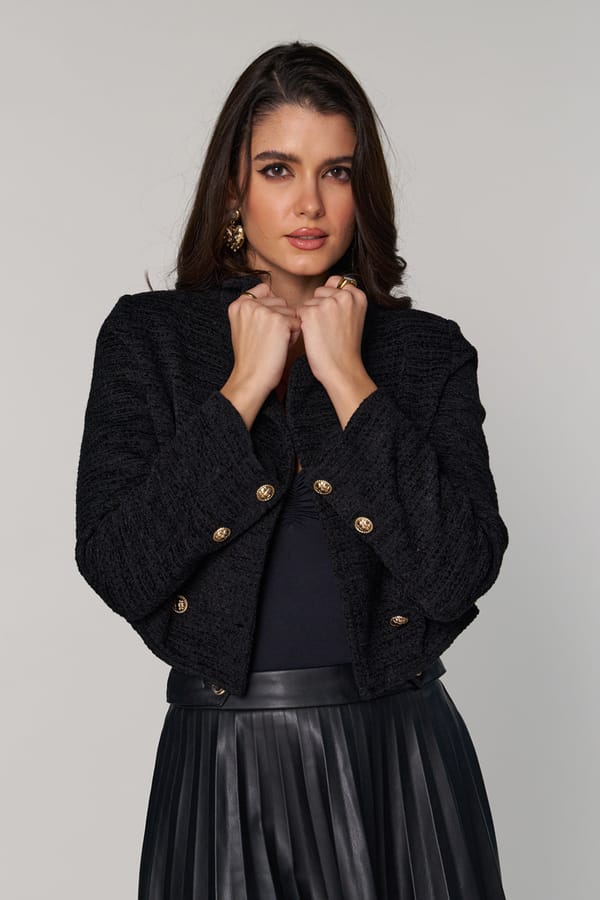 Black Cropped Double-Breasted Jacket with Gold Buttons — Style Island