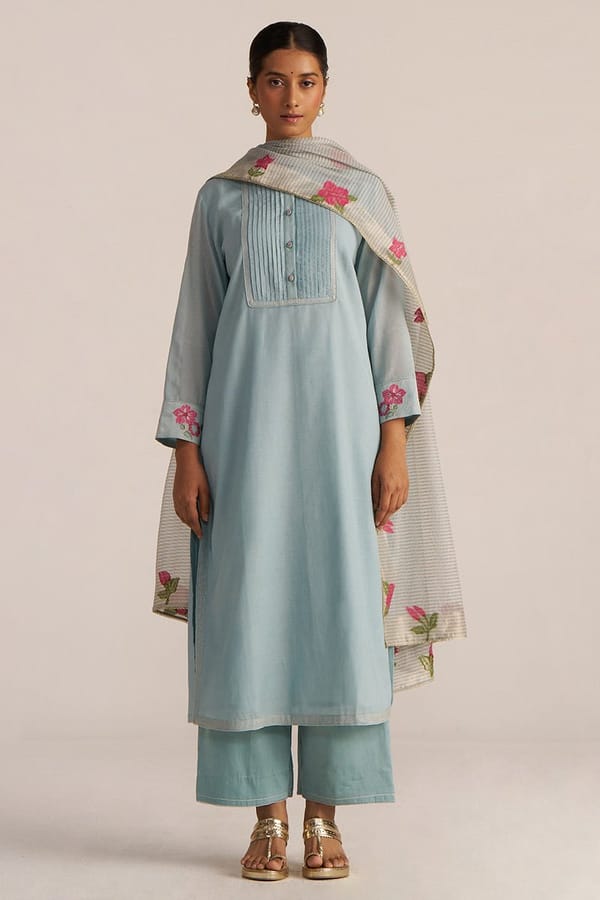 Ether Blue Straight Kurta Set With Pleated Yoke and Dupatta — Ganga Fashions Pvt Ltd