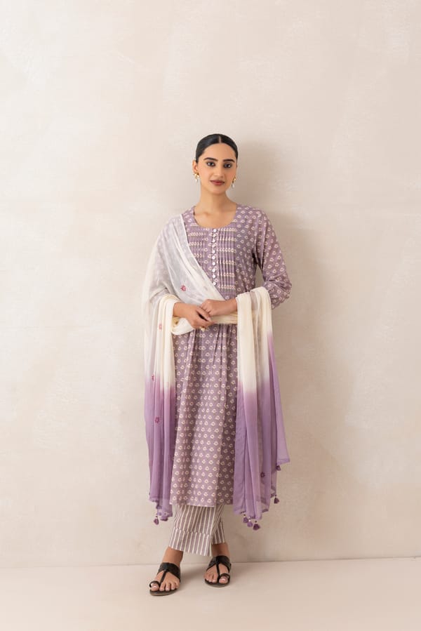 Pale Purple Printed Straight Kurta Set with Dupatta — CHHIPA JAIPUR
