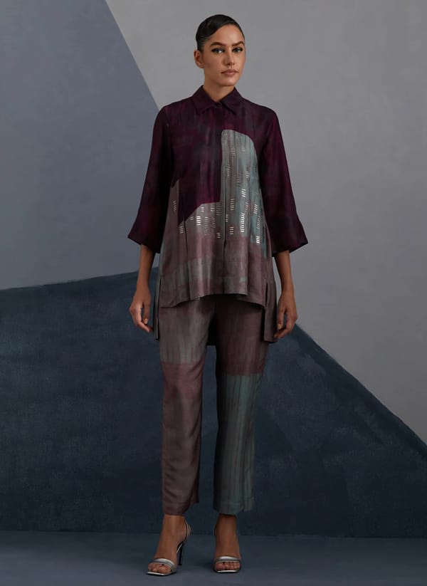Wine Dupion Silk Colorblocked Shirt and Pant Co-ord Set — CLOS